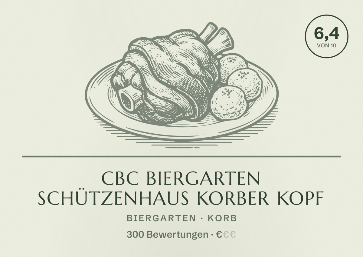 Illustriertes Poster von CBC Biergarten Schützenhaus Korber Kopf, Biergarten in Korb: Bewertung 6,4 von 10 aus 300 Bewertungen, Preisniveau €