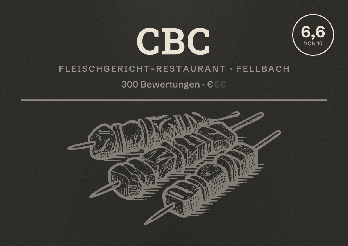 Illustriertes Poster von CBC, Fleischgericht-Restaurant in Fellbach: Bewertung 6,6 von 10 aus 300 Bewertungen, Preisniveau €
