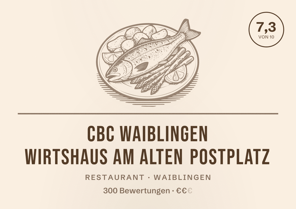 Illustriertes Poster von CBC Waiblingen Wirtshaus am Alten Postplatz, Restaurant in Waiblingen: Bewertung 7,3 von 10 aus 300 Bewertungen, Preisniveau €€