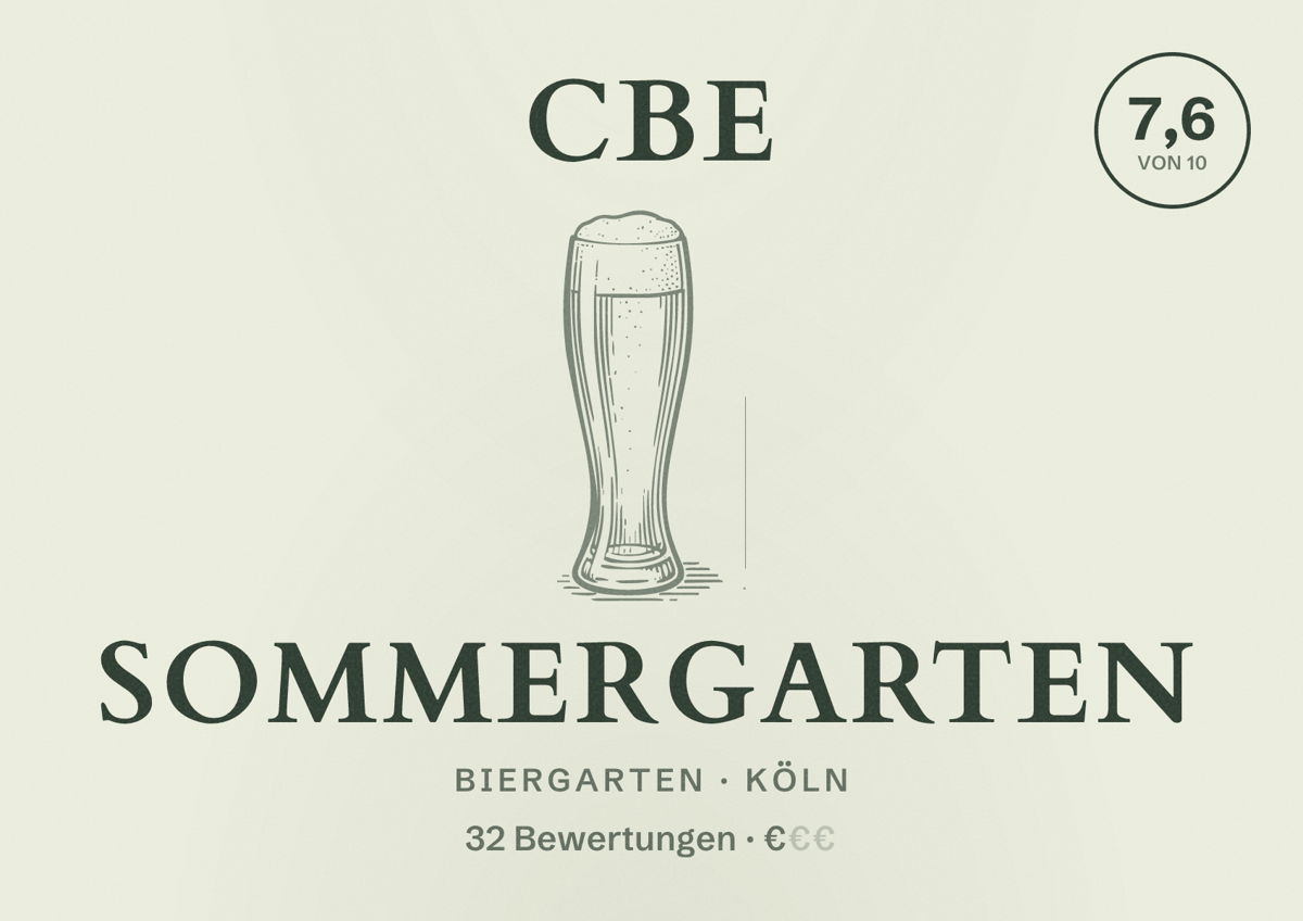 Illustriertes Poster von CBE Sommergarten, Biergarten in Köln: Bewertung 7,6 von 10 aus 32 Bewertungen, Preisniveau €