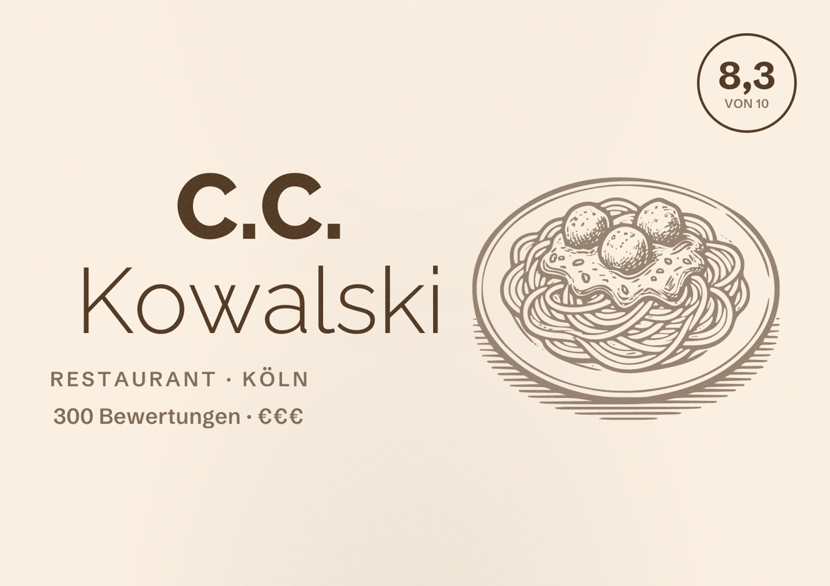 Illustriertes Poster von C.C. Kowalski, Restaurant in Köln: Bewertung 8,3 von 10 aus 300 Bewertungen, Preisniveau €€€