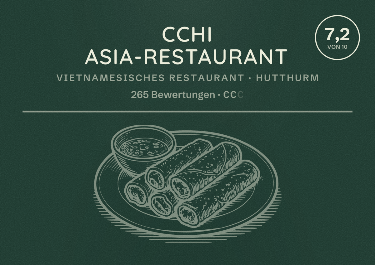 Illustriertes Poster von Cchi Asia-Restaurant, Vietnamesisches Restaurant in Hutthurm: Bewertung 7,2 von 10 aus 265 Bewertungen, Preisniveau €€