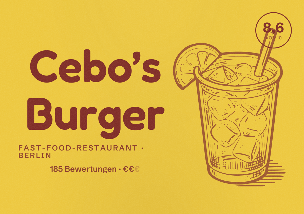 Illustriertes Poster von Cebo’s Burger, Fast-Food-Restaurant in Berlin: Bewertung 8,6 von 10 aus 185 Bewertungen, Preisniveau €€