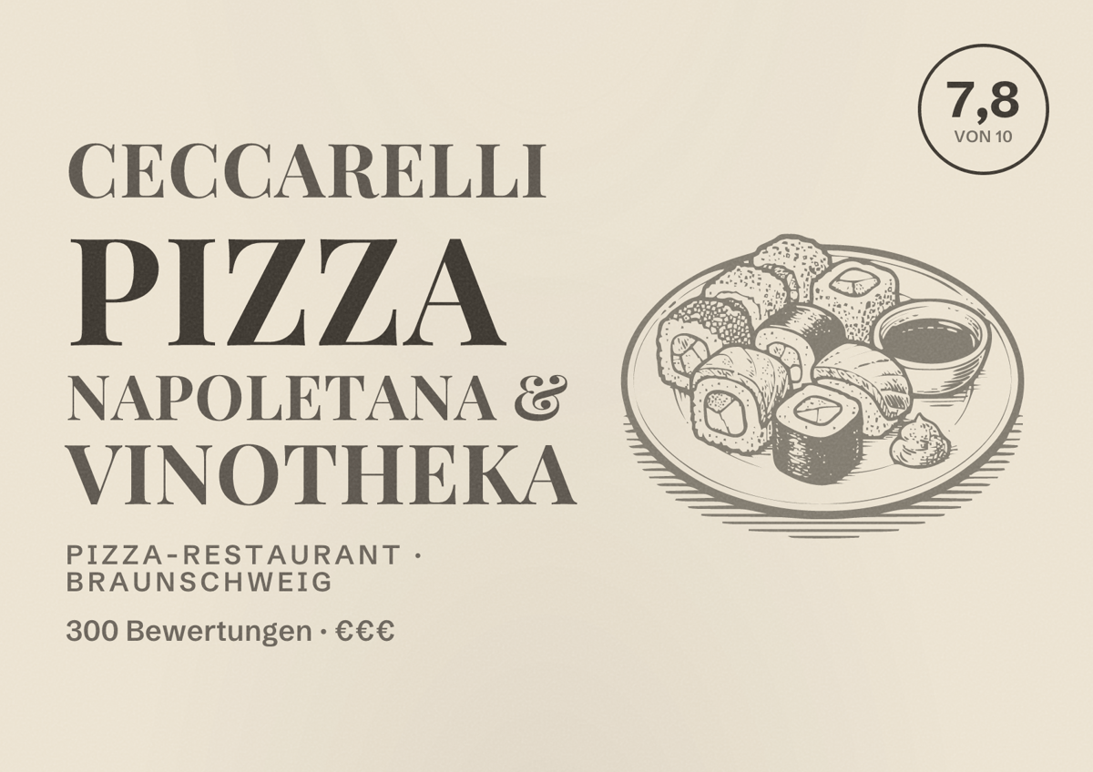 Illustriertes Poster von Ceccarelli Pizza Napoletana & Vinotheka, Pizza-Restaurant in Braunschweig: Bewertung 7,8 von 10 aus 300 Bewertungen, Preisniveau €€€