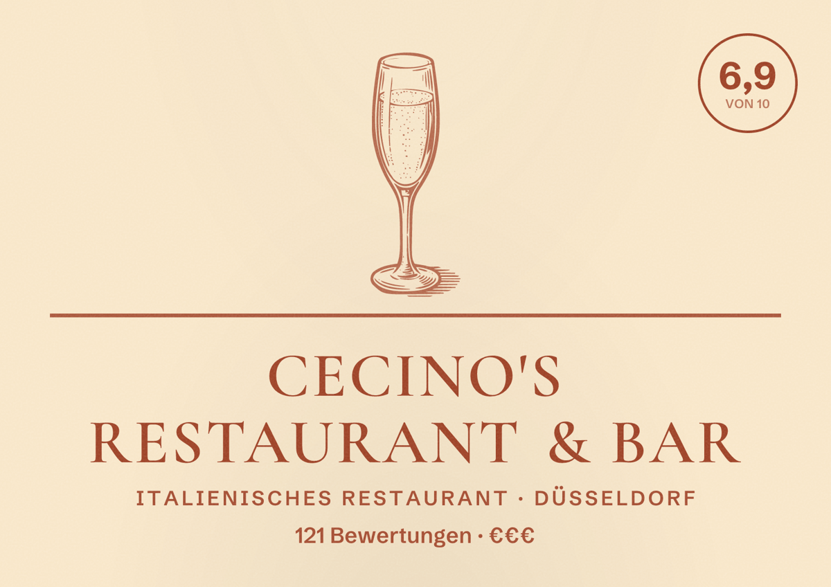 Illustriertes Poster von Cecino's Restaurant & Bar, Italienisches Restaurant in Düsseldorf: Bewertung 6,9 von 10 aus 121 Bewertungen, Preisniveau €€€