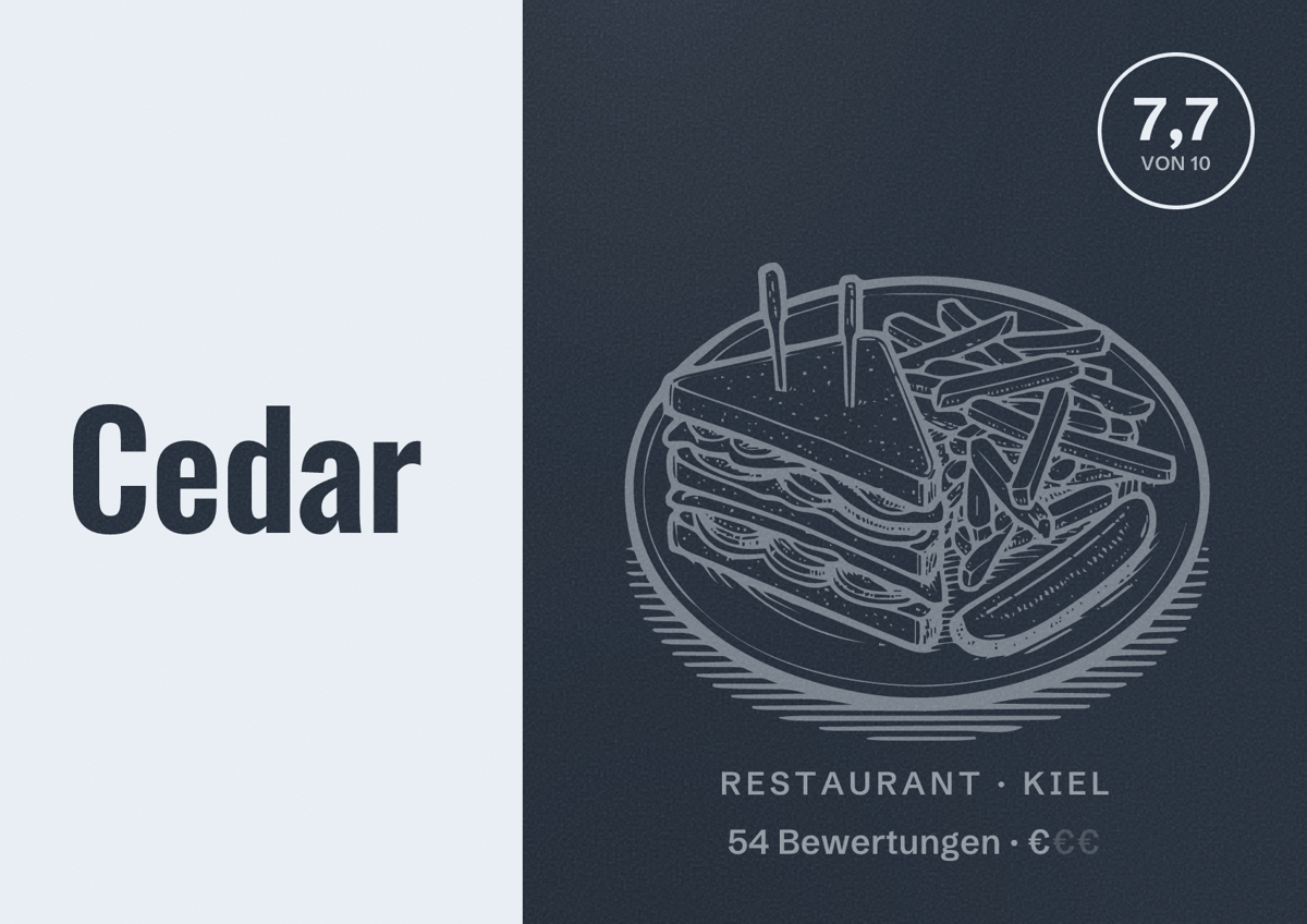 Illustriertes Poster von Cedar, Restaurant in Kiel: Bewertung 7,7 von 10 aus 54 Bewertungen, Preisniveau €