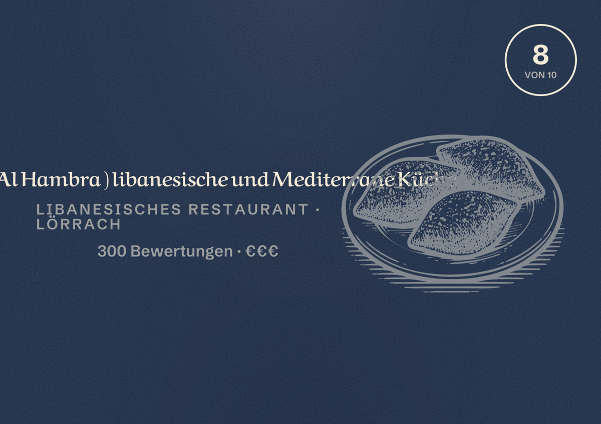 Illustriertes Poster von Cedars (Al Hambra ) libanesische und Mediterrane Küche, Libanesisches Restaurant in Lörrach: Bewertung 8 von 10 aus 300 Bewertungen, Preisniveau €€€