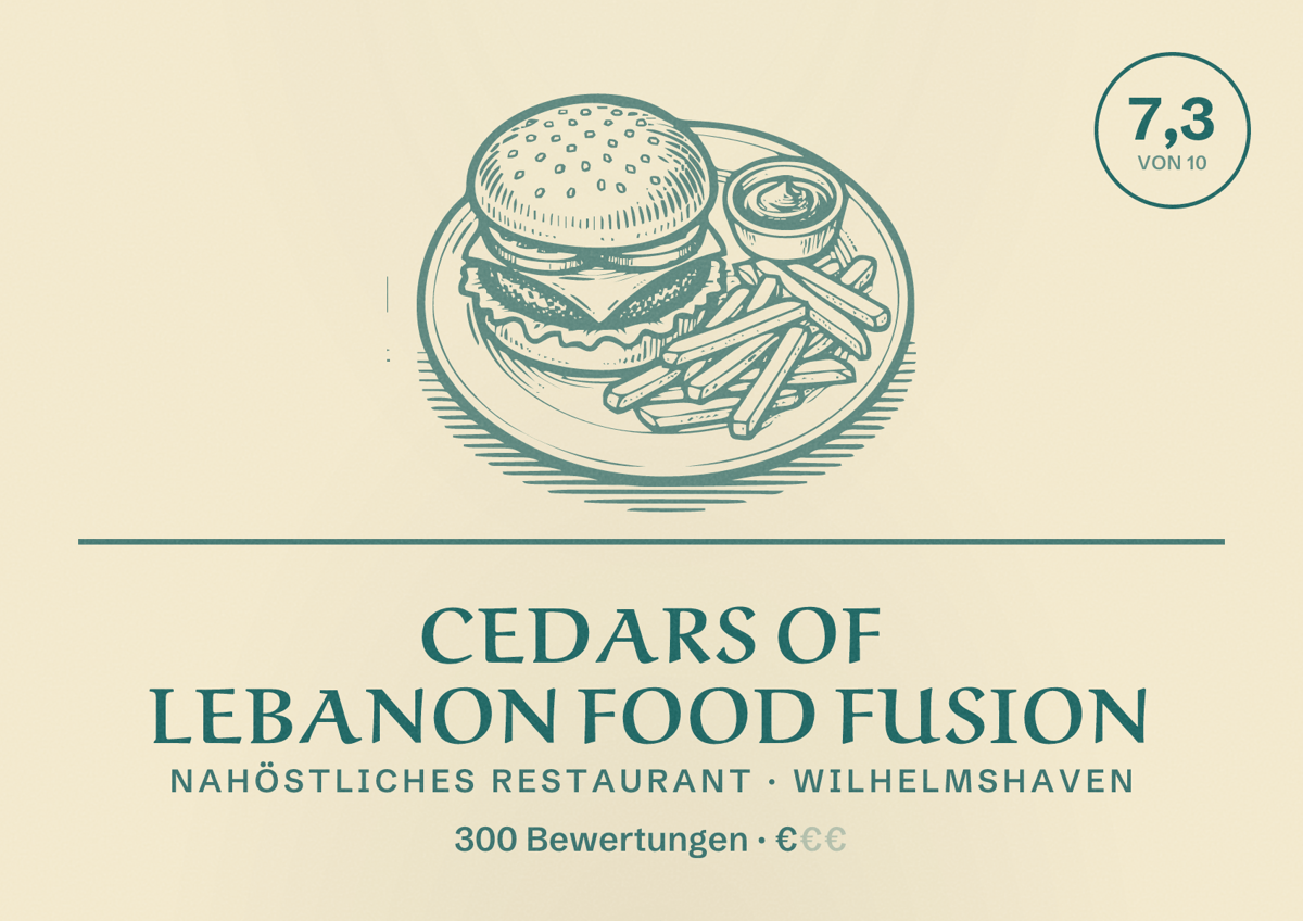Illustriertes Poster von Cedars of Lebanon Food Fusion, Nahöstliches Restaurant in Wilhelmshaven: Bewertung 7,3 von 10 aus 300 Bewertungen, Preisniveau €