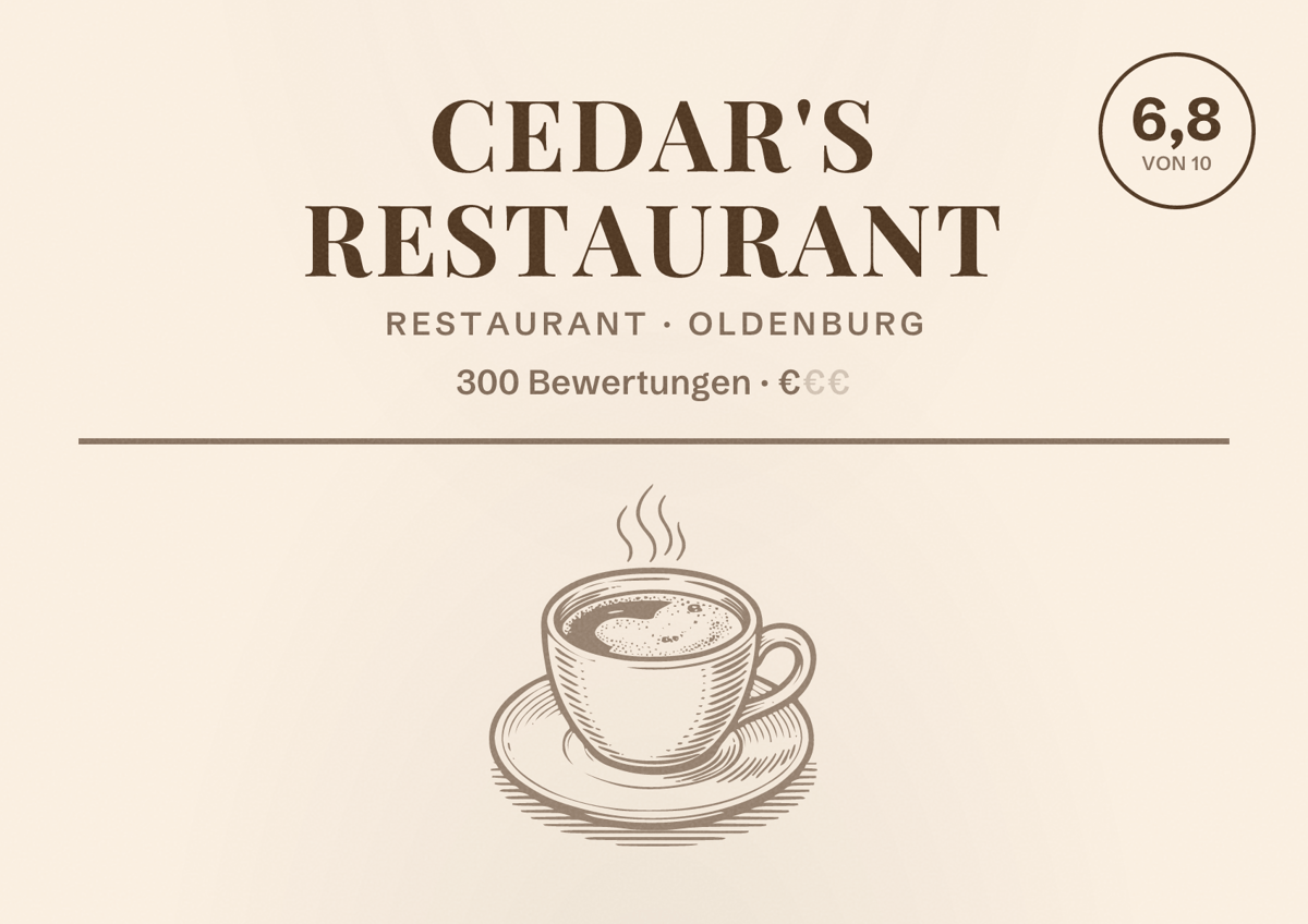Illustriertes Poster von Cedar's Restaurant, Restaurant in Oldenburg: Bewertung 6,8 von 10 aus 300 Bewertungen, Preisniveau €