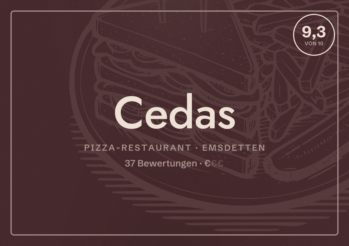 Illustriertes Poster von Cedas, Pizza-Restaurant in Emsdetten: Bewertung 9,3 von 10 aus 37 Bewertungen, Preisniveau €