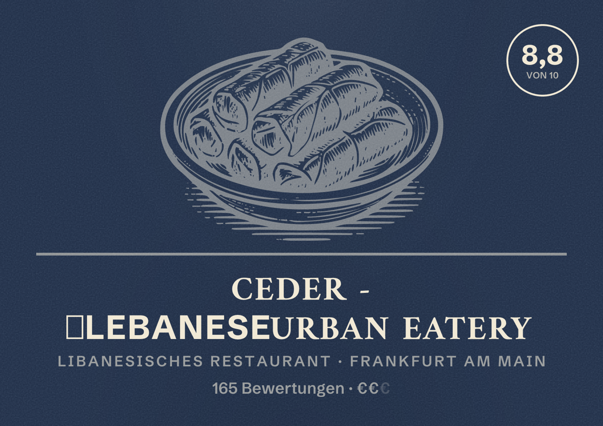 Illustriertes Poster von Ceder - ⁠Lebanese Urban Eatery, Libanesisches Restaurant in Frankfurt am Main: Bewertung 8,8 von 10 aus 165 Bewertungen, Preisniveau €€