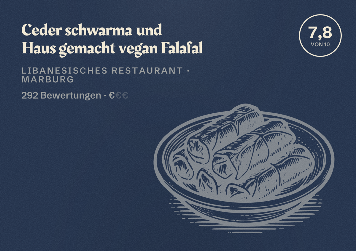 Illustriertes Poster von Ceder schwarma und Haus gemacht vegan Falafal, Libanesisches Restaurant in Marburg: Bewertung 7,8 von 10 aus 292 Bewertungen, Preisniveau €