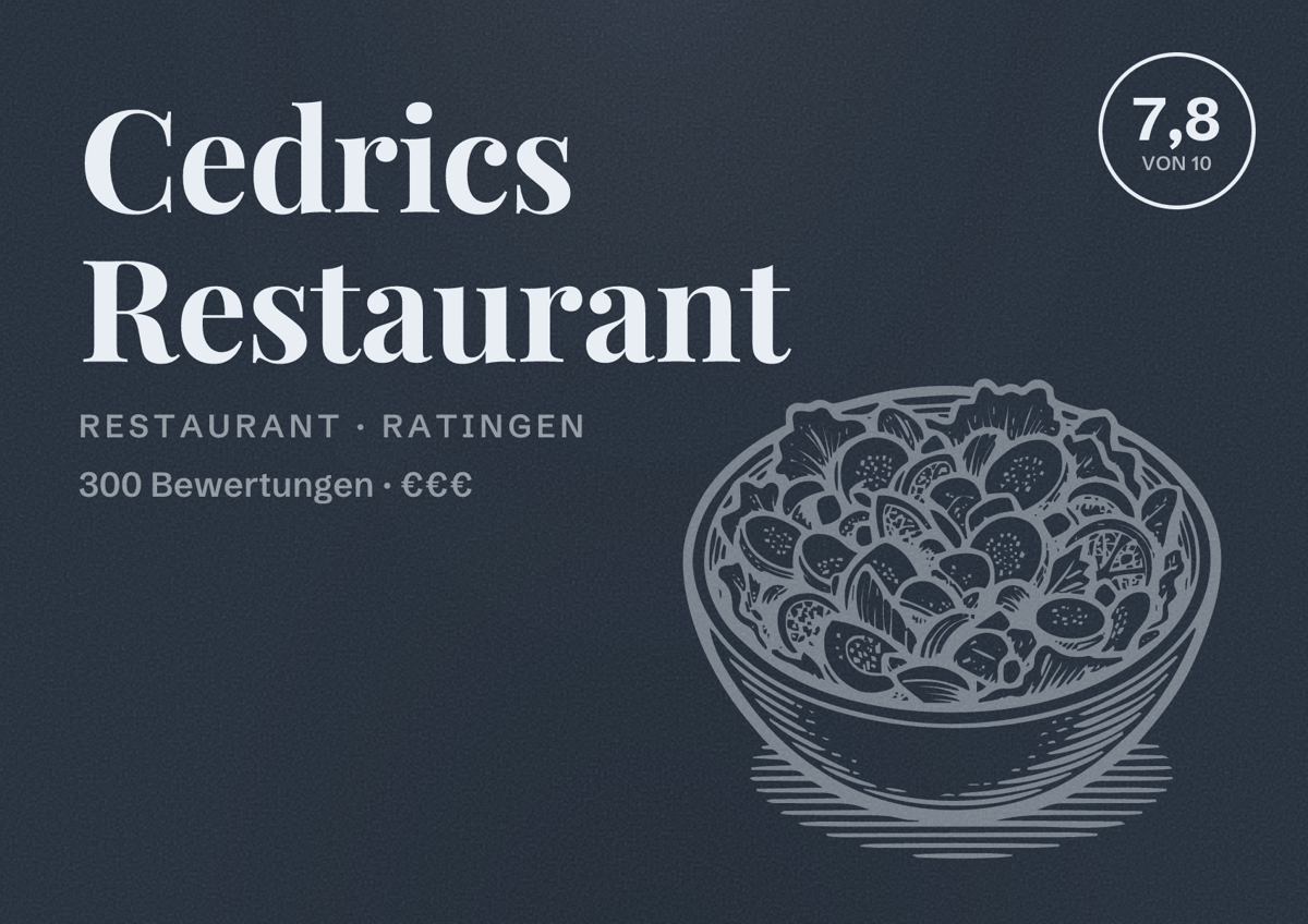 Illustriertes Poster von Cedrics Restaurant, Restaurant in Ratingen: Bewertung 7,8 von 10 aus 300 Bewertungen, Preisniveau €€€