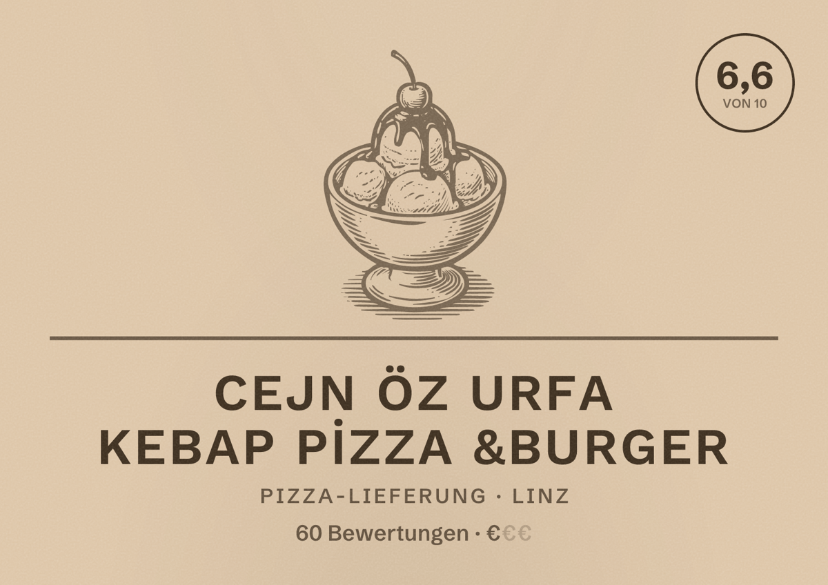 Illustriertes Poster von CEJN ÖZ URFA KEBAP PİZZA &BURGER, Pizza-Lieferung in Linz: Bewertung 6,6 von 10 aus 60 Bewertungen, Preisniveau €