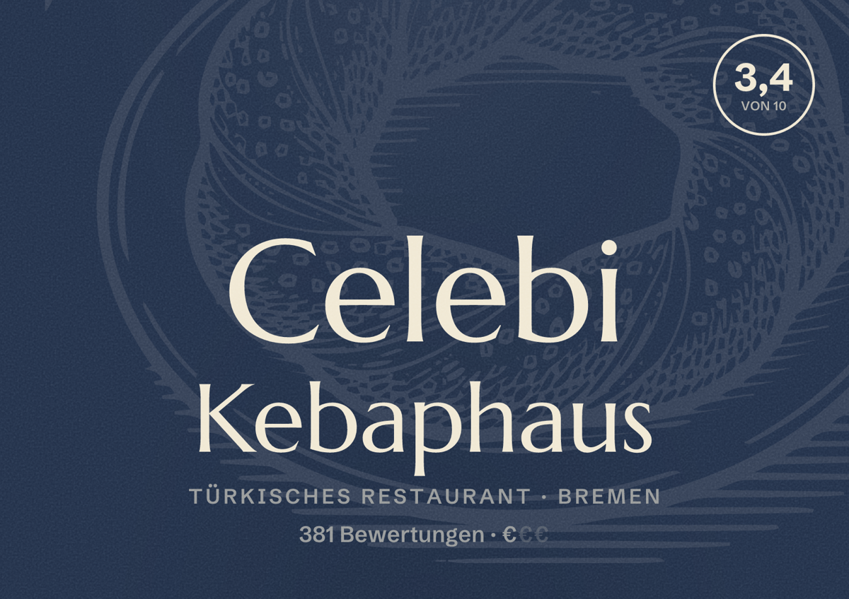 Illustriertes Poster von Celebi Kebaphaus, Türkisches Restaurant in Bremen: Bewertung 3,4 von 10 aus 381 Bewertungen, Preisniveau €