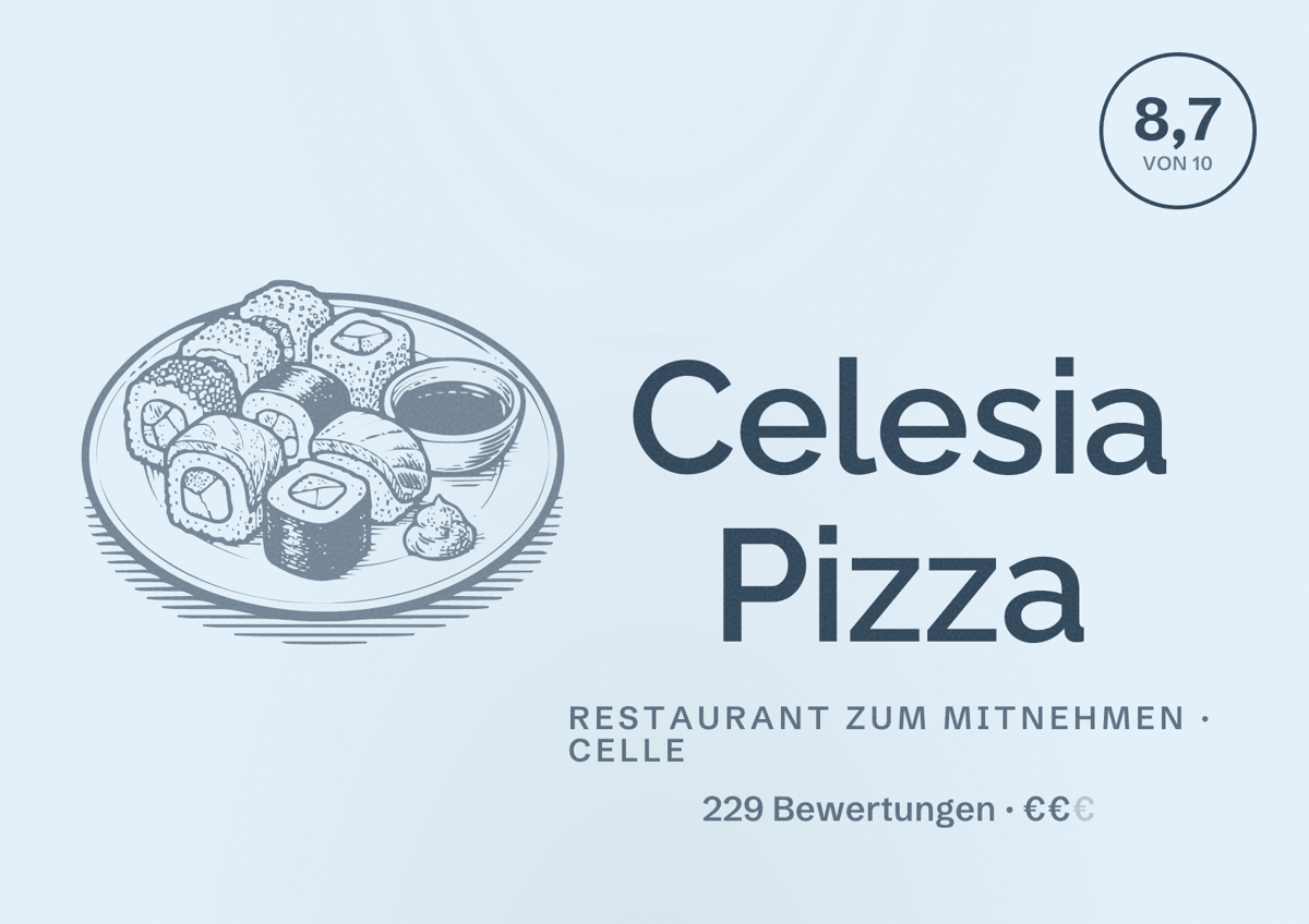Illustriertes Poster von Celesia Pizza, Restaurant zum Mitnehmen in Celle: Bewertung 8,7 von 10 aus 229 Bewertungen, Preisniveau €€