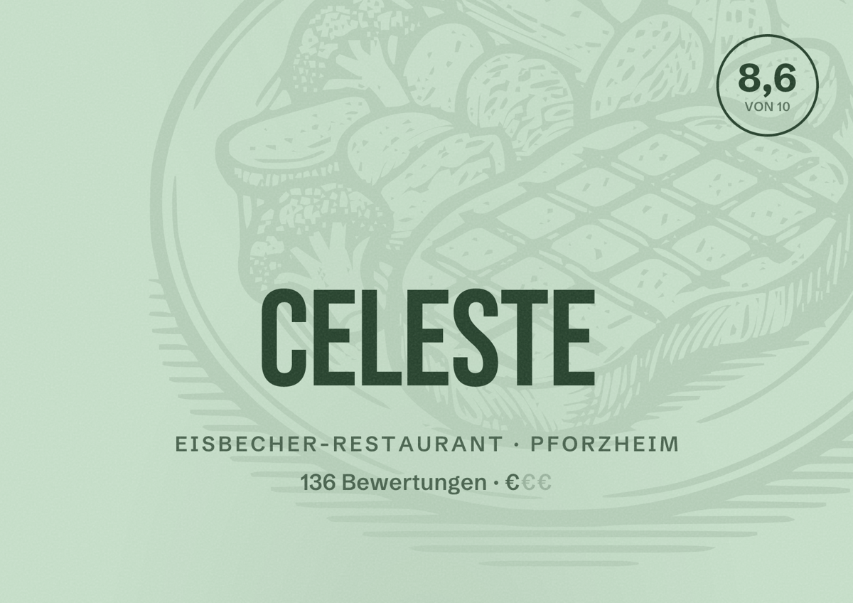 Illustriertes Poster von Celeste, Eisbecher-Restaurant in Pforzheim: Bewertung 8,6 von 10 aus 136 Bewertungen, Preisniveau €