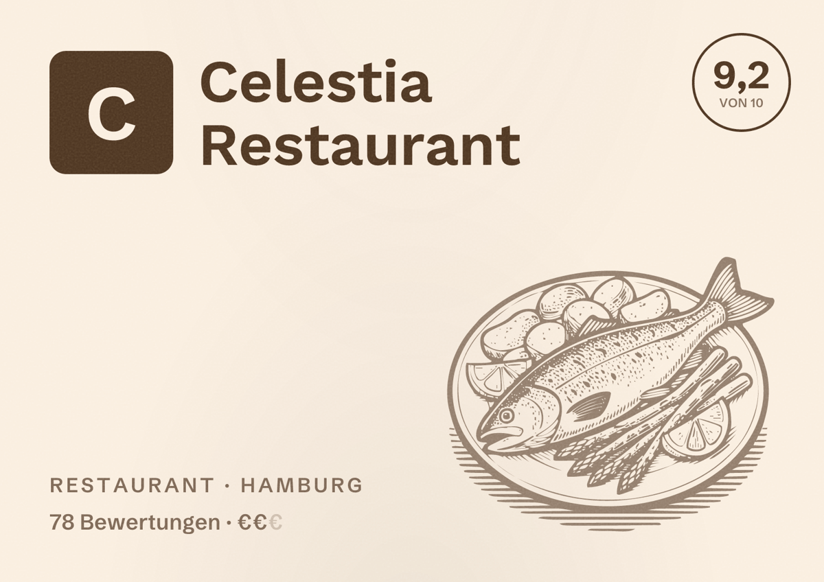 Illustriertes Poster von Celestia Restaurant, Restaurant in Hamburg: Bewertung 9,2 von 10 aus 78 Bewertungen, Preisniveau €€