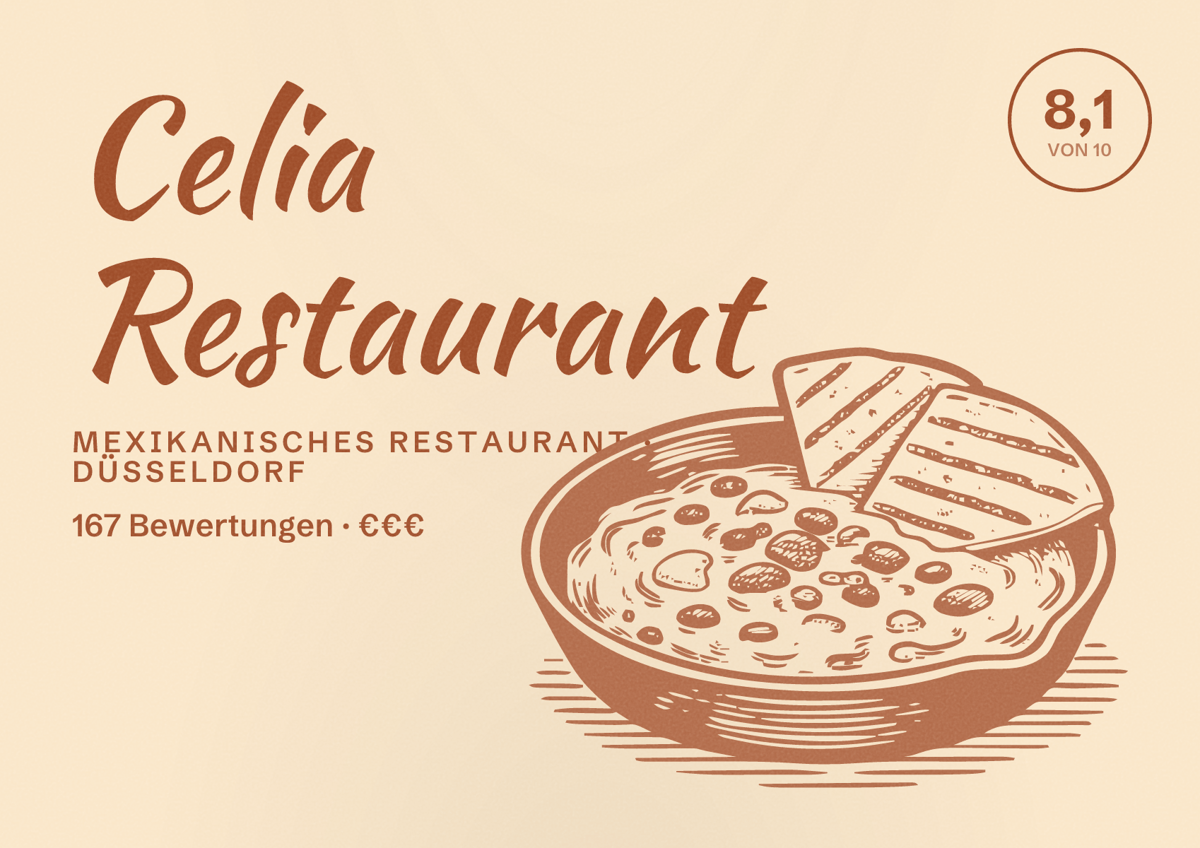 Illustriertes Poster von Celia Restaurant, Mexikanisches Restaurant in Düsseldorf: Bewertung 8,1 von 10 aus 167 Bewertungen, Preisniveau €€€