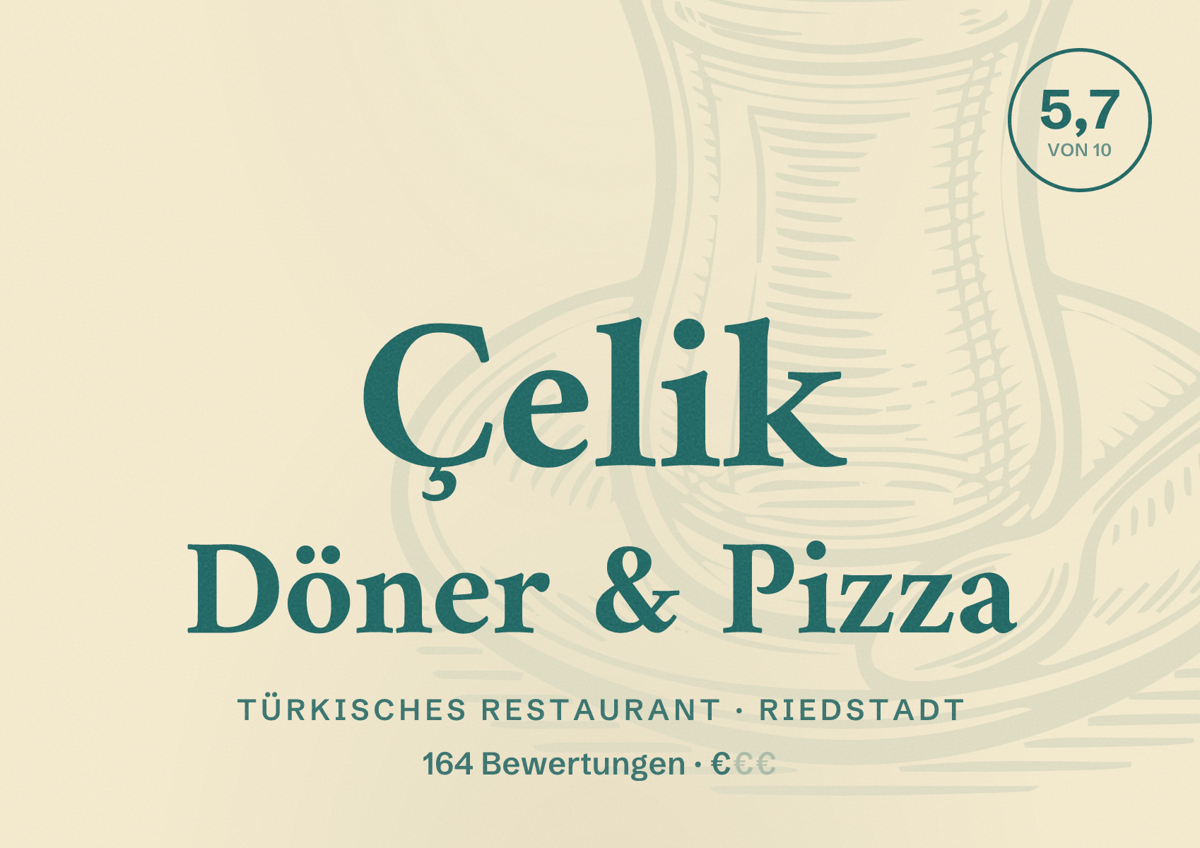 Illustriertes Poster von Çelik Döner & Pizza, Türkisches Restaurant in Riedstadt: Bewertung 5,7 von 10 aus 164 Bewertungen, Preisniveau €