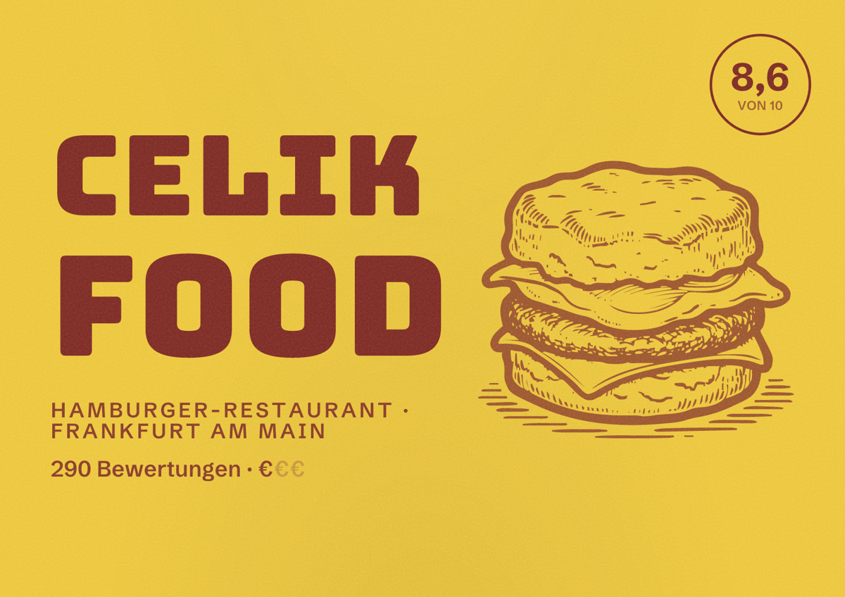 Illustriertes Poster von Celik Food, Hamburger-Restaurant in Frankfurt am Main: Bewertung 8,6 von 10 aus 290 Bewertungen, Preisniveau €