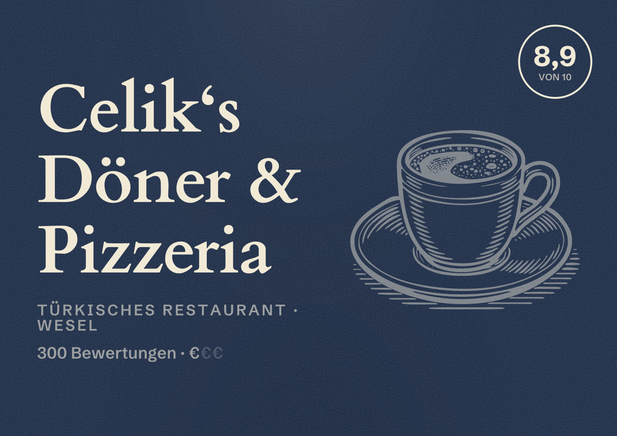 Illustriertes Poster von Celik‘s Döner & Pizzeria, Türkisches Restaurant in Wesel: Bewertung 8,9 von 10 aus 300 Bewertungen, Preisniveau €