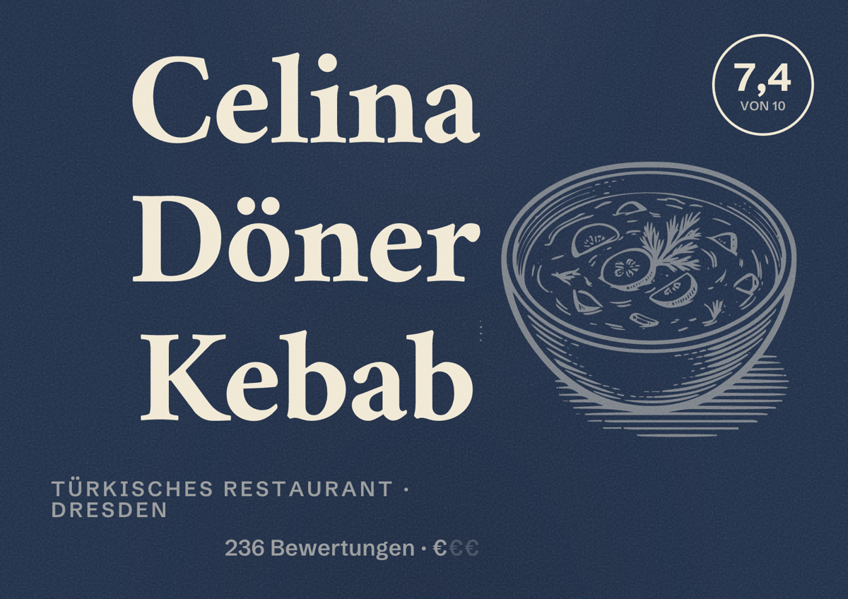 Illustriertes Poster von Celina Döner Kebab, Türkisches Restaurant in Dresden: Bewertung 7,4 von 10 aus 236 Bewertungen, Preisniveau €