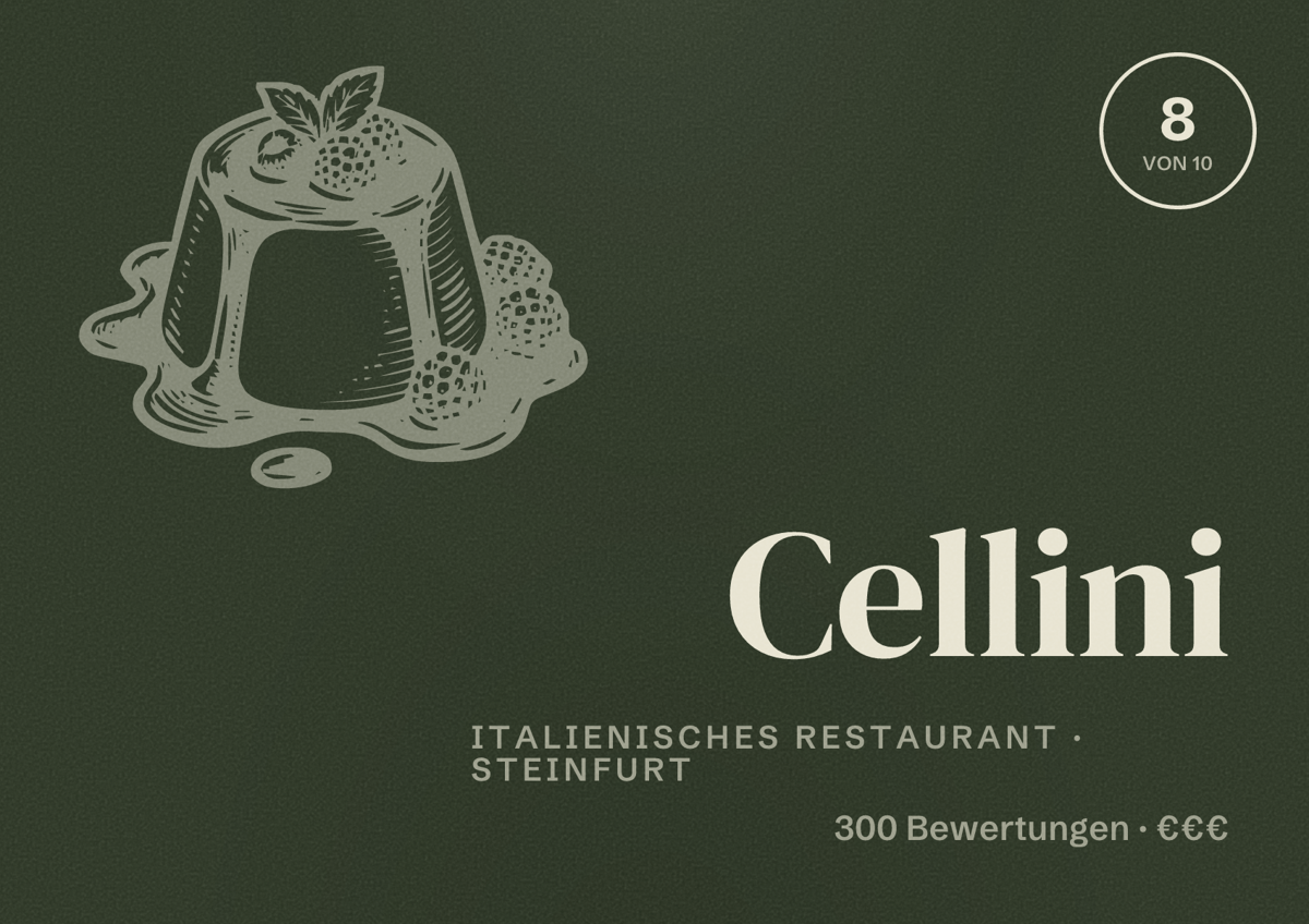 Illustriertes Poster von Cellini, Italienisches Restaurant in Steinfurt: Bewertung 8 von 10 aus 300 Bewertungen, Preisniveau €€€