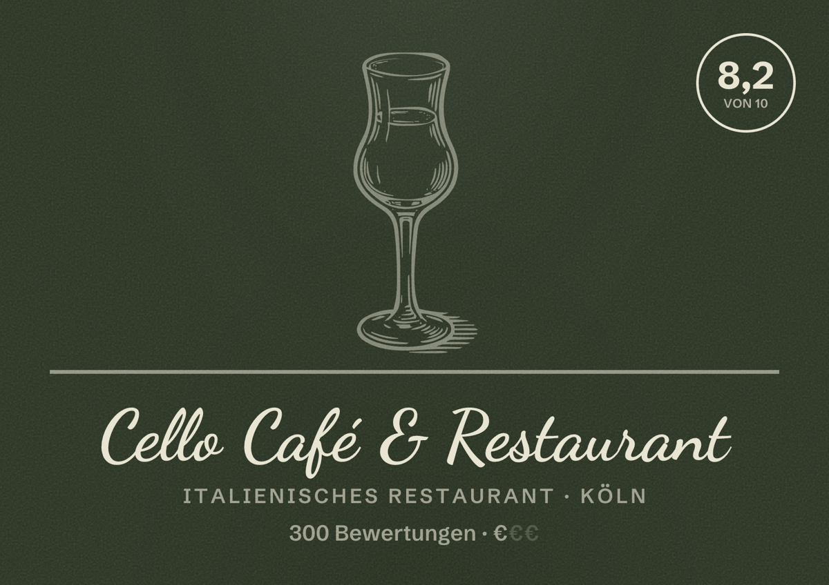 Illustriertes Poster von Cello Café & Restaurant, Italienisches Restaurant in Köln: Bewertung 8,2 von 10 aus 300 Bewertungen, Preisniveau €