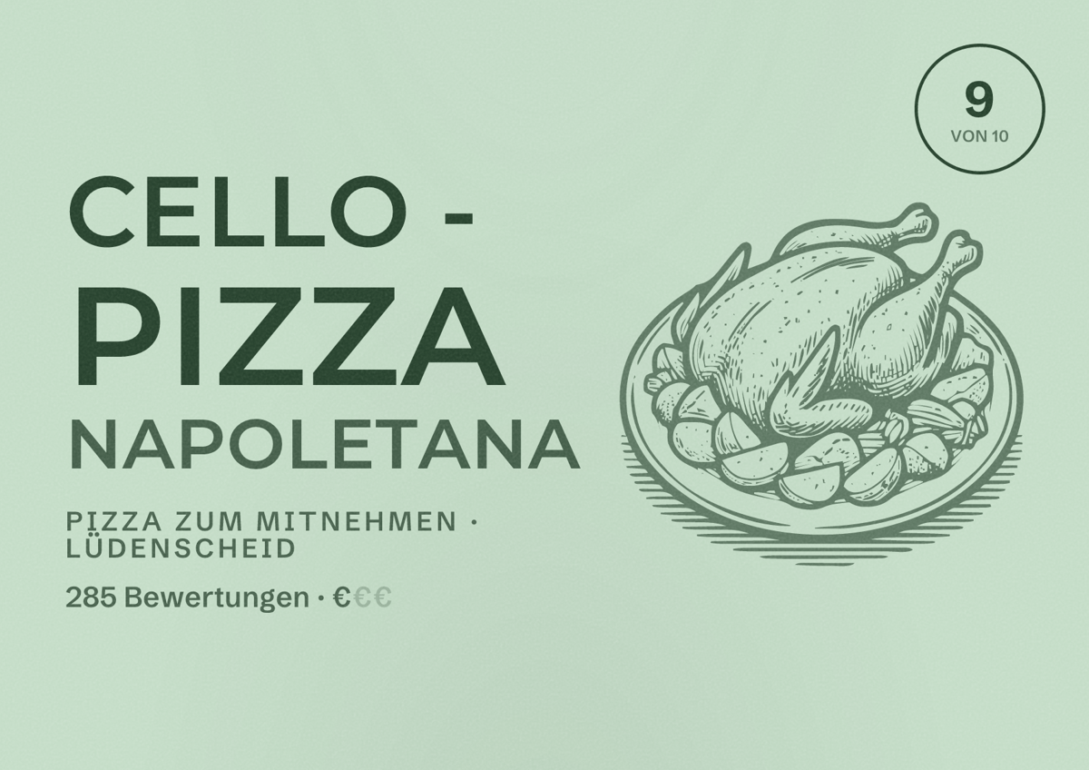 Illustriertes Poster von Cello - Pizza Napoletana, Pizza zum Mitnehmen in Lüdenscheid: Bewertung 9 von 10 aus 285 Bewertungen, Preisniveau €