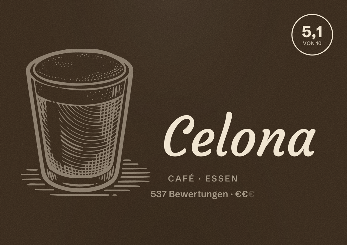 Illustriertes Poster von Celona, Café in Essen: Bewertung 5,1 von 10 aus 537 Bewertungen, Preisniveau €€