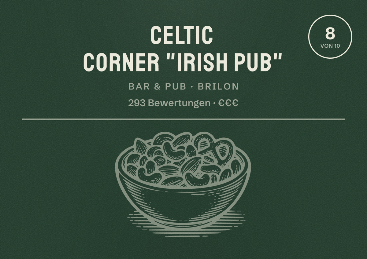 Illustriertes Poster von Celtic Corner "Irish Pub", Bar & Pub in Brilon: Bewertung 8 von 10 aus 293 Bewertungen, Preisniveau €€€