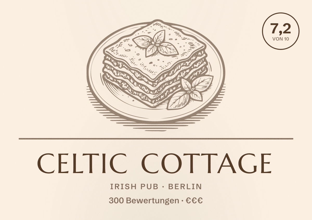Illustriertes Poster von Celtic Cottage, Irish Pub in Berlin: Bewertung 7,2 von 10 aus 300 Bewertungen, Preisniveau €€€