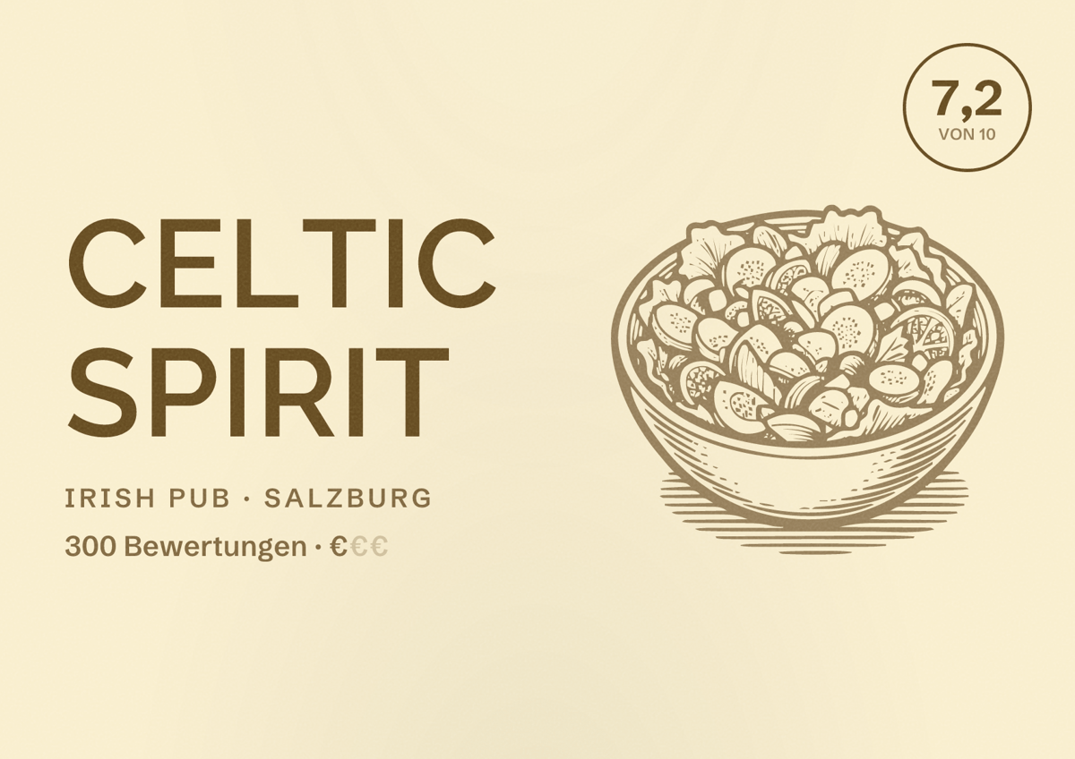 Illustriertes Poster von Celtic Spirit, Irish Pub in Salzburg: Bewertung 7,2 von 10 aus 300 Bewertungen, Preisniveau €
