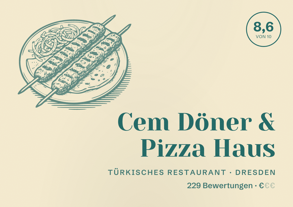 Illustriertes Poster von Cem Döner & Pizza Haus, Türkisches Restaurant in Dresden: Bewertung 8,6 von 10 aus 229 Bewertungen, Preisniveau €