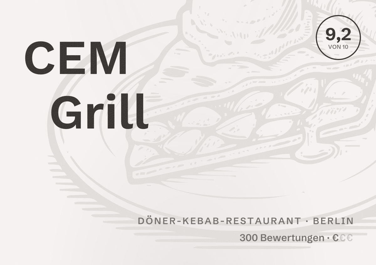 Illustriertes Poster von CEM Grill, Döner-Kebab-Restaurant in Berlin: Bewertung 9,2 von 10 aus 300 Bewertungen, Preisniveau €