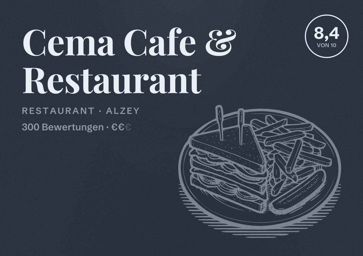 Illustriertes Poster von Cema Cafe & Restaurant, Restaurant in Alzey: Bewertung 8,4 von 10 aus 300 Bewertungen, Preisniveau €€