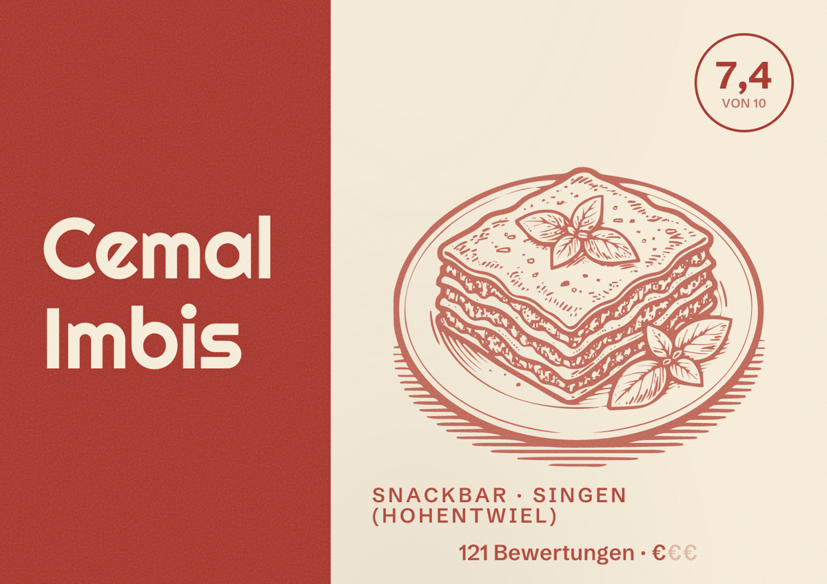 Illustriertes Poster von Cemal Imbis, Snackbar in Singen (Hohentwiel): Bewertung 7,4 von 10 aus 121 Bewertungen, Preisniveau €