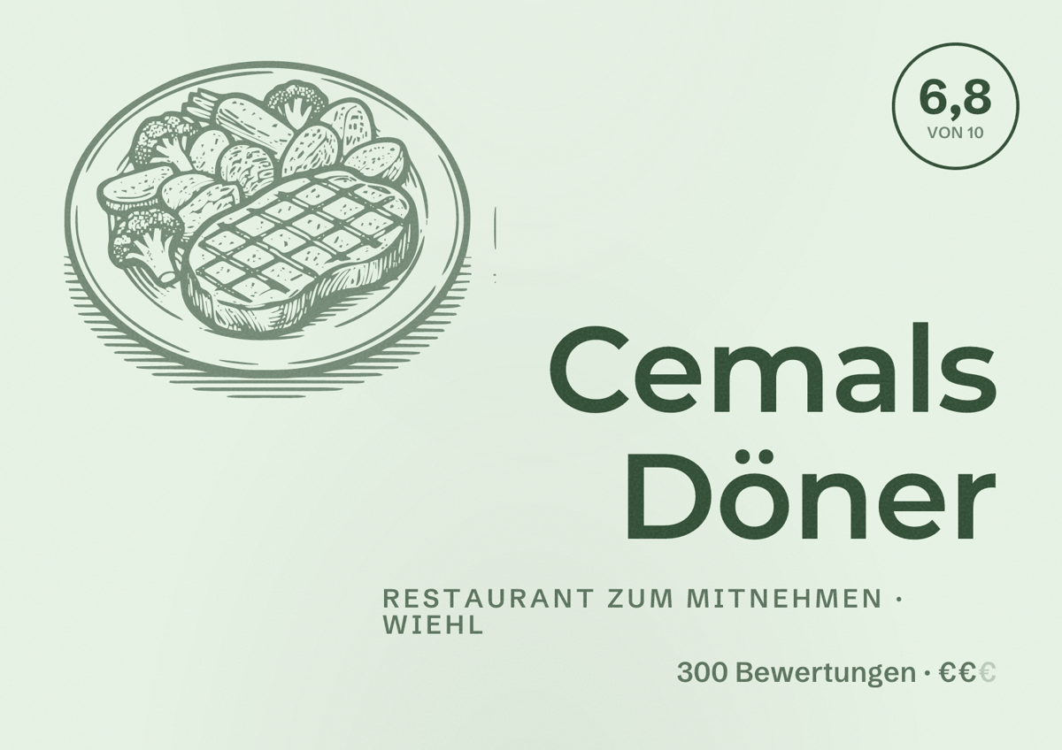 Illustriertes Poster von Cemals Döner, Restaurant zum Mitnehmen in Wiehl: Bewertung 6,8 von 10 aus 300 Bewertungen, Preisniveau €€