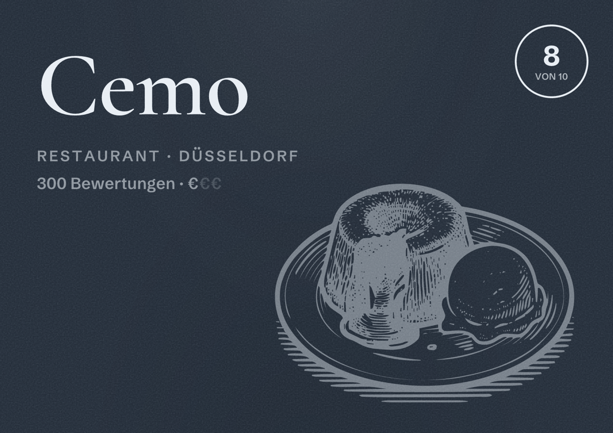 Illustriertes Poster von Cemo, Restaurant in Düsseldorf: Bewertung 8 von 10 aus 300 Bewertungen, Preisniveau €
