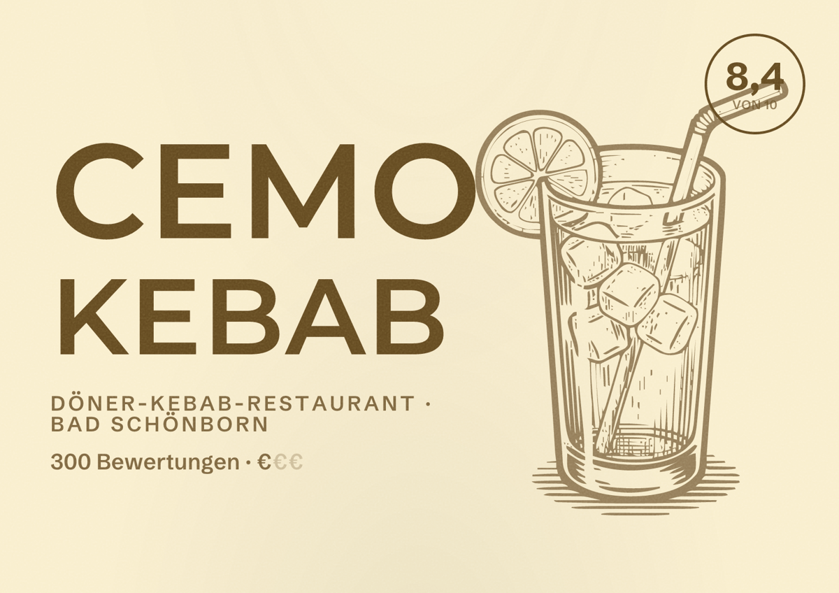 Illustriertes Poster von Cemo Kebab, Döner-Kebab-Restaurant in Bad Schönborn: Bewertung 8,4 von 10 aus 300 Bewertungen, Preisniveau €