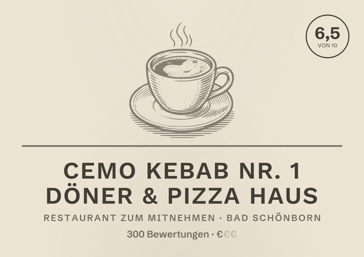 Illustriertes Poster von CEMO Kebab Nr. 1 Döner & Pizza Haus, Restaurant zum Mitnehmen in Bad Schönborn: Bewertung 6,5 von 10 aus 300 Bewertungen, Preisniveau €