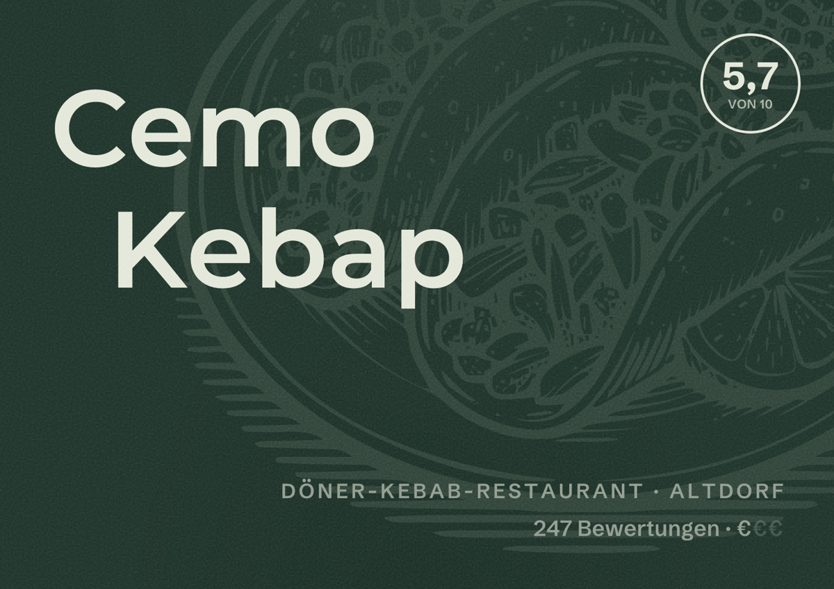 Illustriertes Poster von Cemo Kebap, Döner-Kebab-Restaurant in Altdorf: Bewertung 5,7 von 10 aus 247 Bewertungen, Preisniveau €
