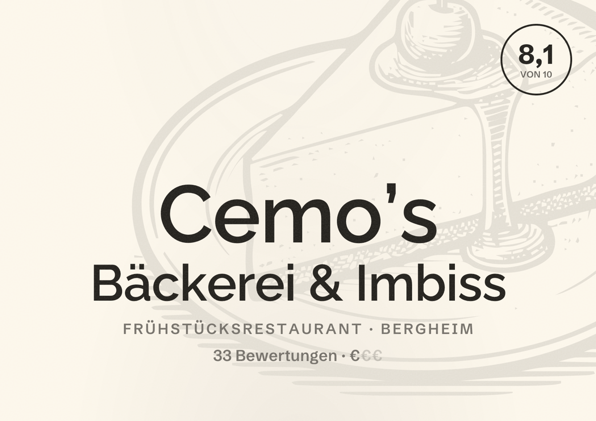Illustriertes Poster von Cemo’s Bäckerei & Imbiss, Frühstücksrestaurant in Bergheim: Bewertung 8,1 von 10 aus 33 Bewertungen, Preisniveau €