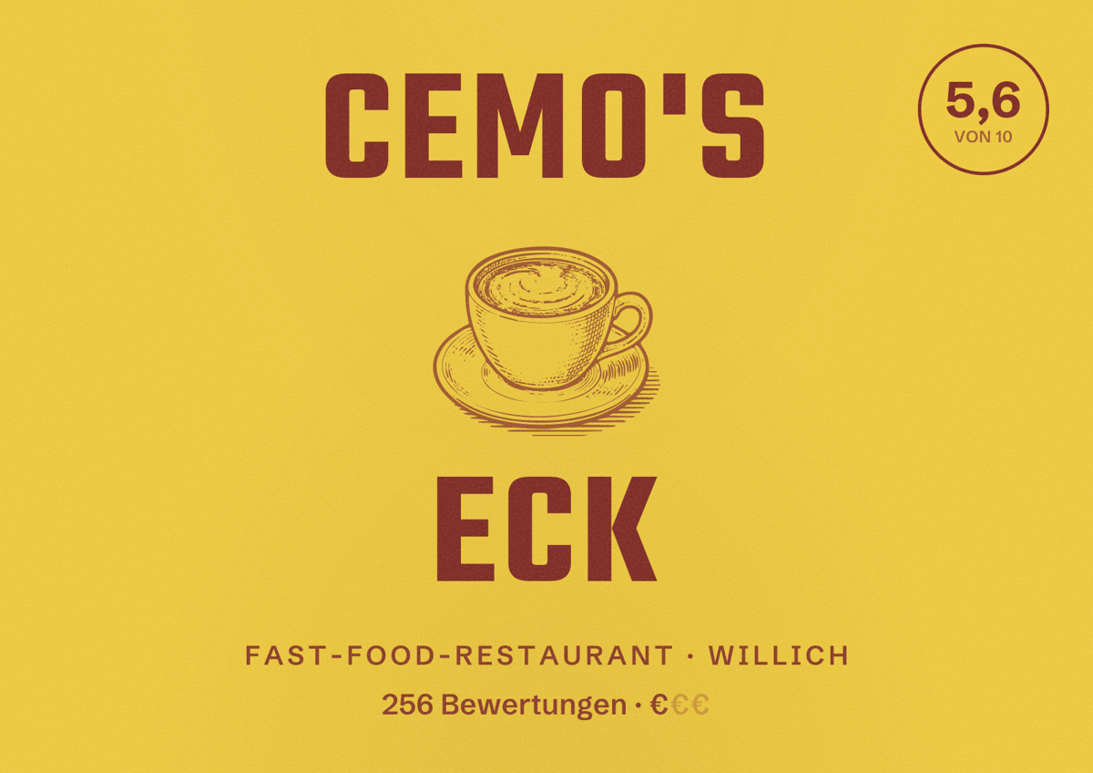 Illustriertes Poster von Cemo's Eck, Fast-Food-Restaurant in Willich: Bewertung 5,6 von 10 aus 256 Bewertungen, Preisniveau €