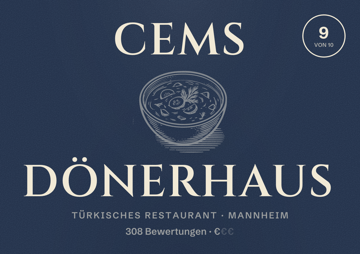 Illustriertes Poster von Cems Dönerhaus, Türkisches Restaurant in Mannheim: Bewertung 9 von 10 aus 308 Bewertungen, Preisniveau €