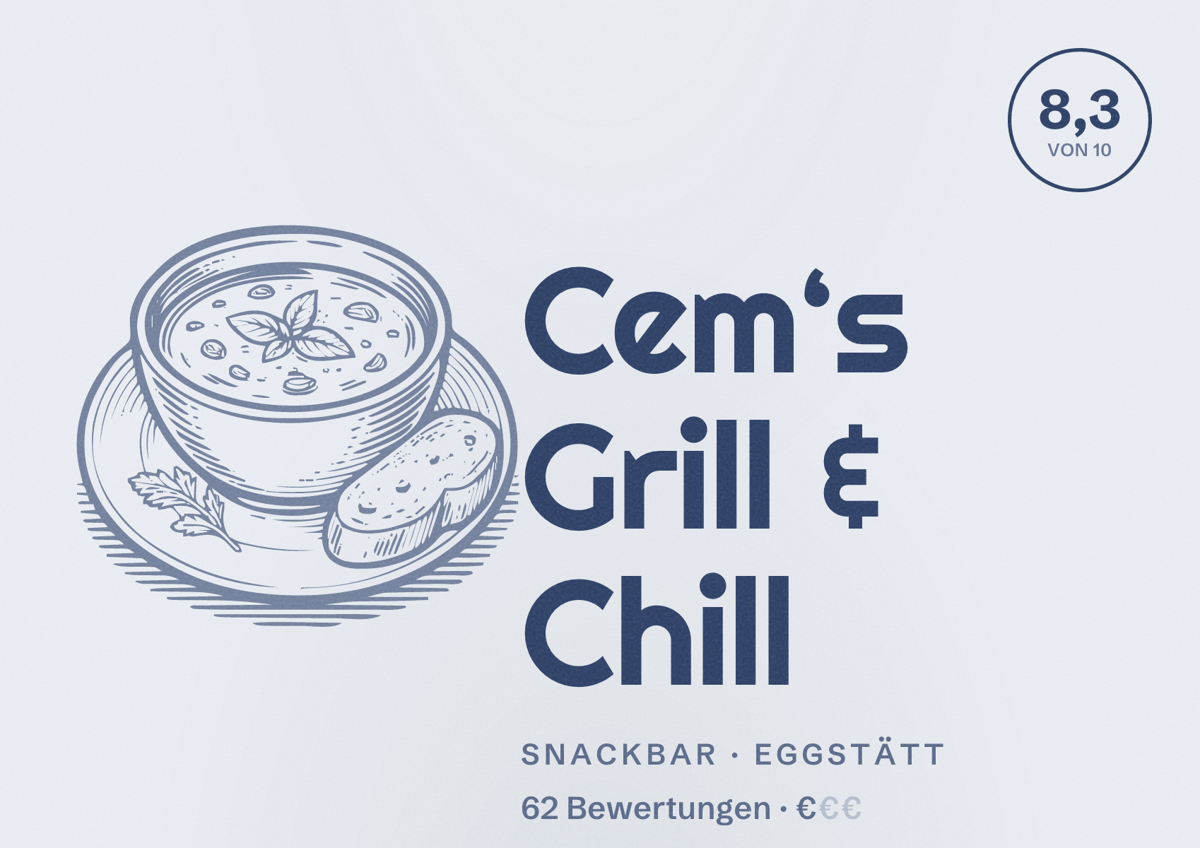 Illustriertes Poster von Cem‘s Grill & Chill, Snackbar in Eggstätt: Bewertung 8,3 von 10 aus 62 Bewertungen, Preisniveau €