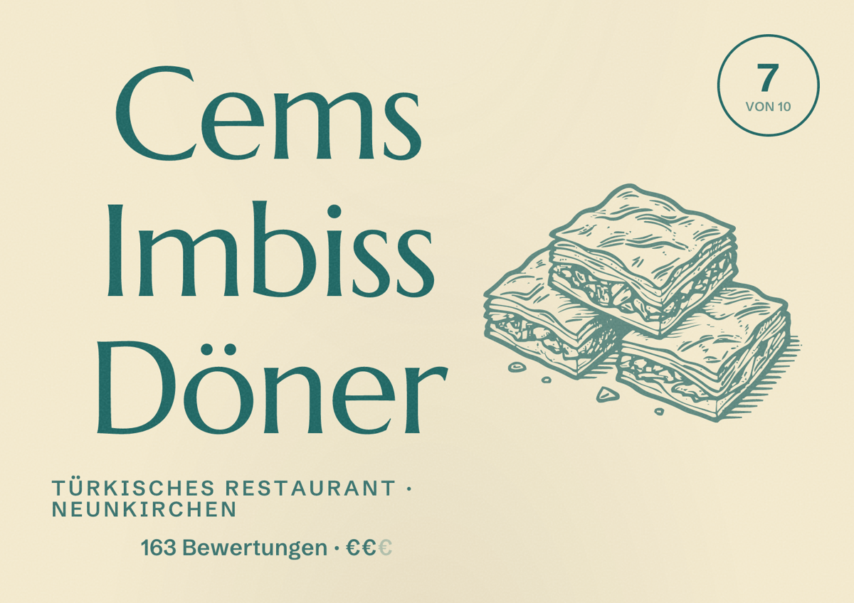 Illustriertes Poster von Cems Imbiss Döner, Türkisches Restaurant in Neunkirchen: Bewertung 7 von 10 aus 163 Bewertungen, Preisniveau €€