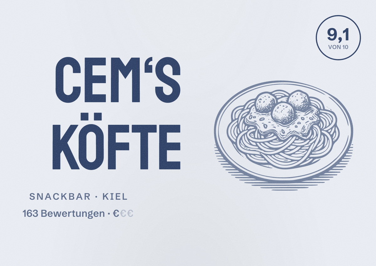 Illustriertes Poster von Cem‘s Köfte, Snackbar in Kiel: Bewertung 9,1 von 10 aus 163 Bewertungen, Preisniveau €