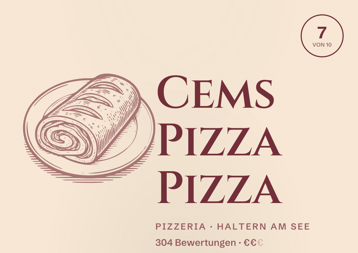 Illustriertes Poster von Cems Pizza Pizza, Pizzeria in Haltern am See: Bewertung 7 von 10 aus 304 Bewertungen, Preisniveau €€
